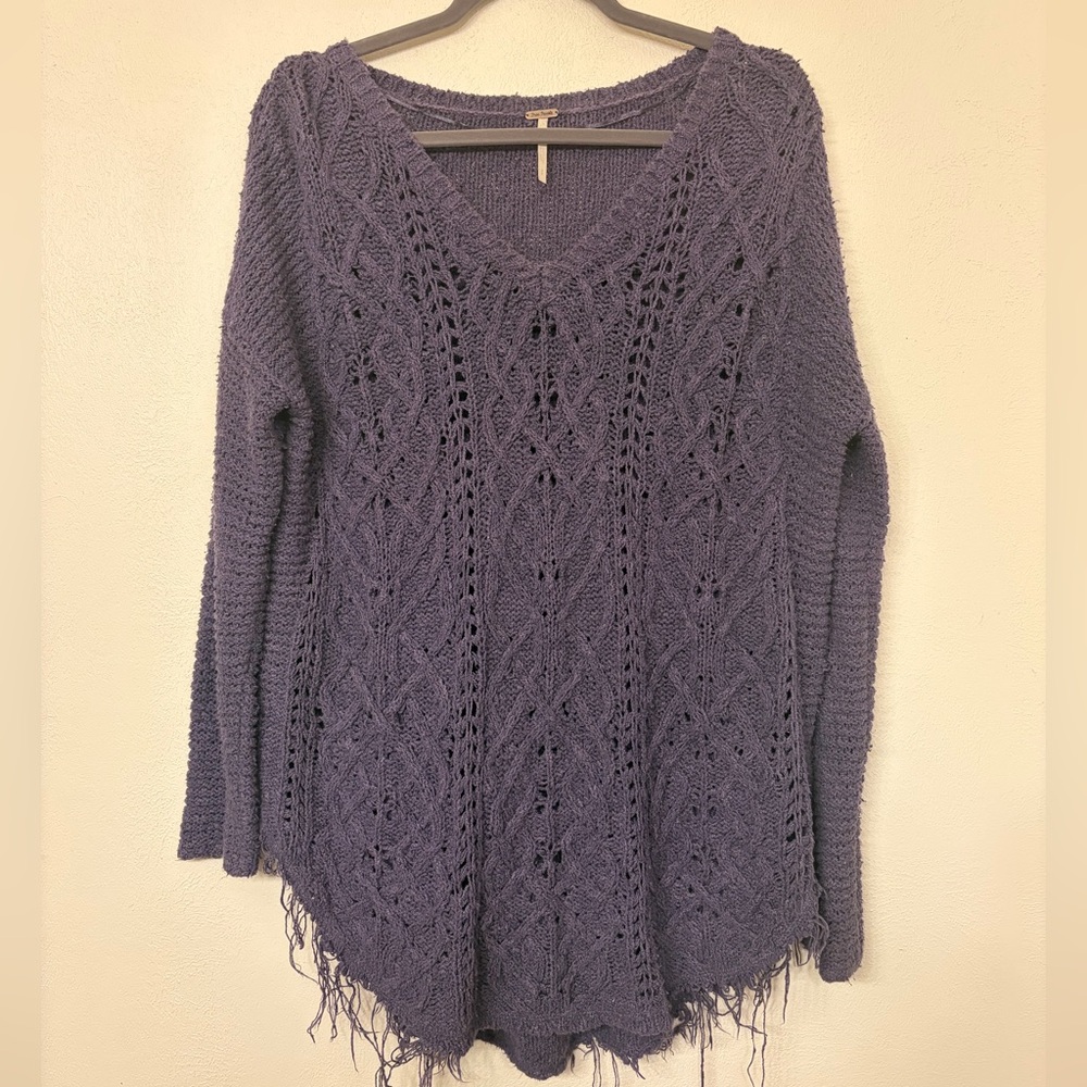 Free People Cross My Heart Cable Knit Purple Sweater S Frayed Fringe Grunge Boho